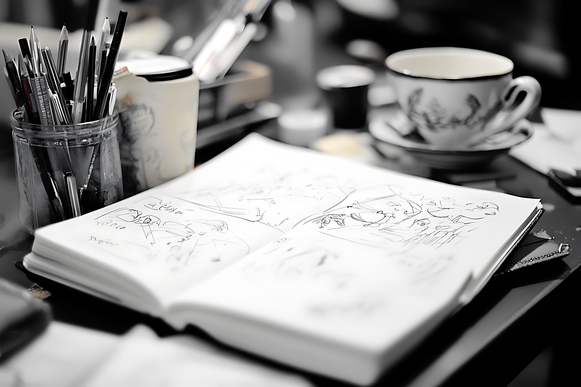 Notebook with menu sketches and coffee